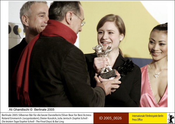 Julia Jentsch getting the Silver Bear for the best actress in the film of Marc Rothemund “Sophie Scholl - the Final Days” with President of the Berlinale Dieter Kosslick, Roland Emmerich (President of the Jury) and Bai Ling