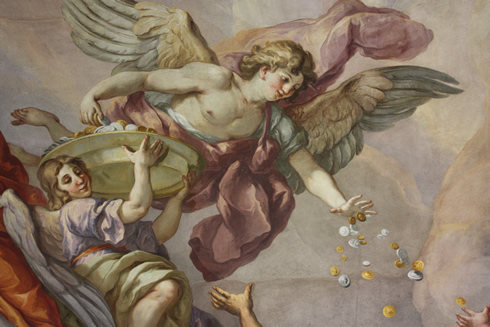 Angel distributing coins to the poor