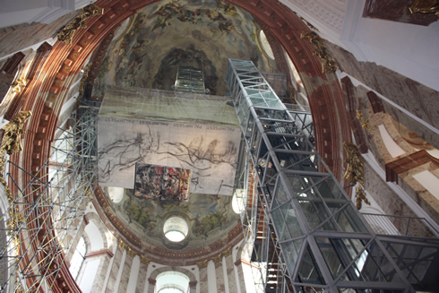 Inside of St Charles church with lift going to the cupola