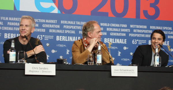 Kostja Ullmann, Uwe Ochsenknecht and film director Chris Sanders at the press conference for The Croods at the Berlinale