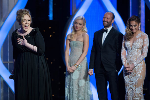 The Golden Globe for BEST ORIGINAL SONG – MOTION PICTURE goes to “SKYFALL” for “SKYFALL” - music and lyrics by: Adele (pictured) and Paul Epworth - at the 70th Annual Golden Globe Awards at the Beverly Hilton in Beverly Hills, CA on Sunday, January 13, 2013 - copyright HFPA and Golden Globe Awards