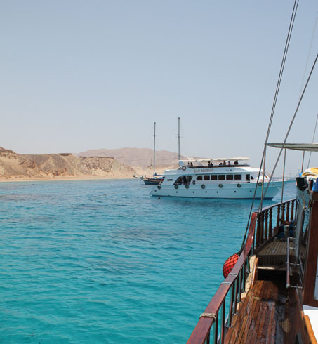 Approaching Tiran island (Egypt) on a sailing boat