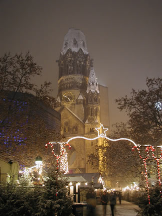 Christmas market in Berlin during a snow storm