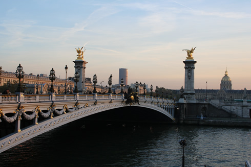 View of the Bridge Alexander III at sunset with Invalides
