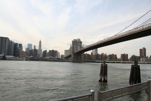 View of the Brooklyn bridge and bay from Brooklyn Heights