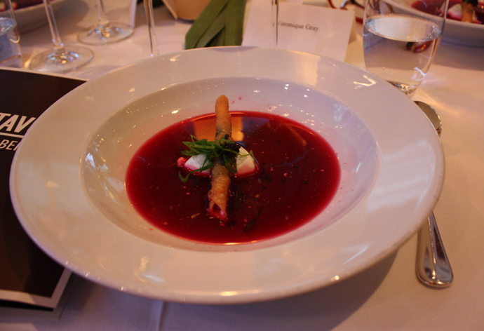 Beetroot soup with caviar and tuile cigar - copyright Veronique Gray