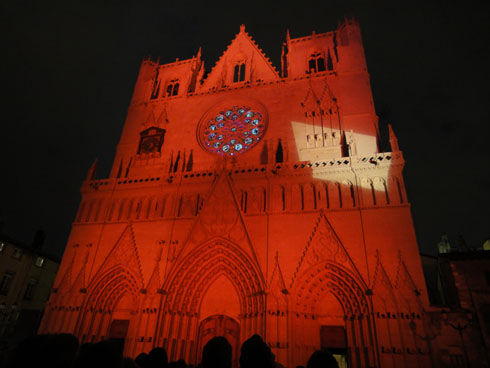 Cathedral St Jean with orange colors - Lyon festival of lights