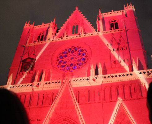 Cathedral St Jean with red colors - Lyon festival of lights