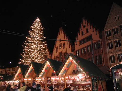 downtown Frankfurt by night during the Christmas market