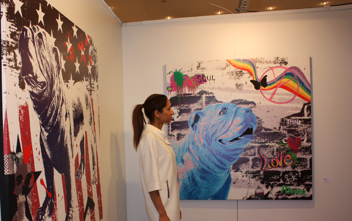 Fabienne Zehetbauer with her bulldog prints at Art International in Zurich