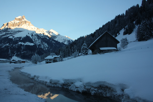 Sunset at the bottom of the slopes, Engelberg