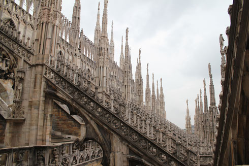 Flying buttresses and spires from the terrace of Milan cathedral