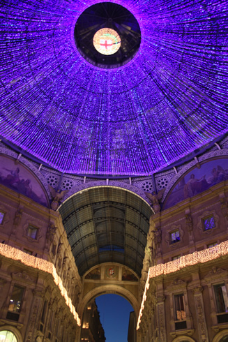 Glass cupola in Milan by night in the Vittorio Emmanuel Gallery