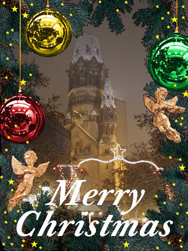 Partially destroyed church in background with a frame of Christmas decorations in the foreground. The words "Merry Christmas" are found at the bottom in white italic letters