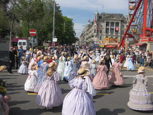 Children's parade, Sechselaüten in Zurich - Little girls in costumes