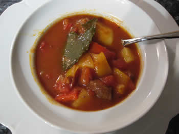 Goulash soup with bay leaves