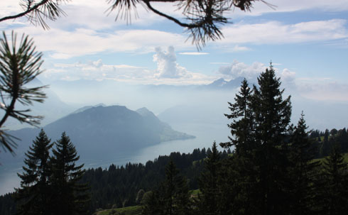 Hiking down from Rigi with views of the lake of Lucerne