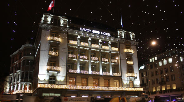 Hotel Savoy by night, Paradeplatz Zurich