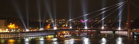Light show over the Saone river in Lyon Festival of Lights