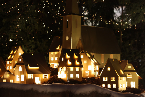Miniature traditional Alsatian village lit up a the bottom of the tree, Place Kléber