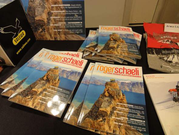 Profi alpinist magazines and tee-shirts, Zurich Volkshaus