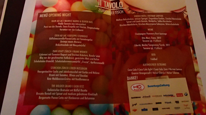 Menu of Il Tavolo 2013 - Première at the Bärengasse in Zurich