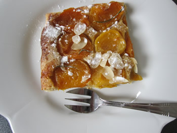 A slice of almond apricot tart with powdered sugar 