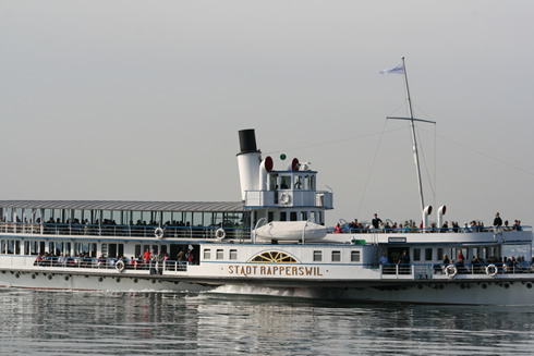 Stadt Rapperswil steamboat cruising on the lake of Zurich