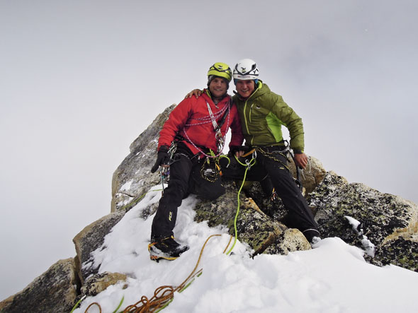 Roger Schaeli and partner Simon Gietl on top of the Arwa Spire in Himalaya