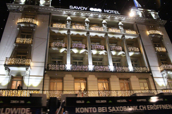 Savoy Hotel when the Christmas lights are turned on - copyright Veronique Gray