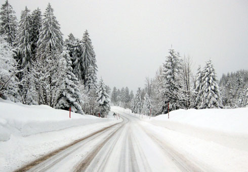 Snowy road between Willerzell and Vorderthal, Switzerland