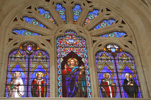 Beautiful stained glass window in Nouillé Maupertuis abbey 