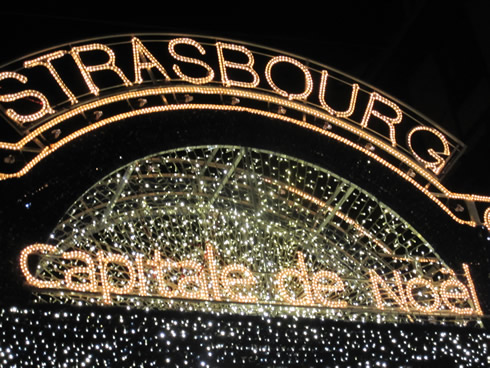 Sign at the entrance of the downtown in Strasbourg: Capital of Christmas