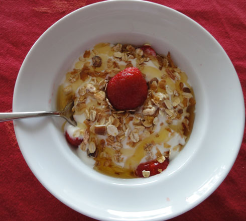 Yogurt strawberries with muesli and honey toppings