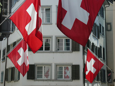 Swiss Flags downtown Zurich