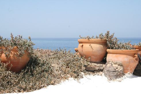 Three clay pots set on bed of desert plants. In the foreground is white sand. In the background the blue ocean and clear blue sky.