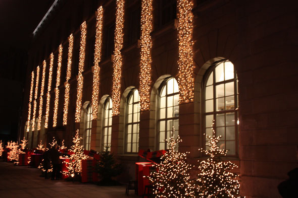 UBS building, Christmas trees and boxes, Zurich