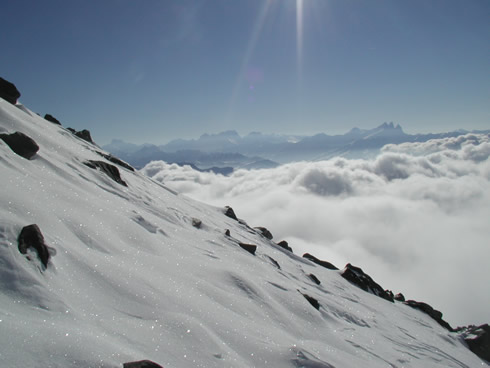Above the clouds on Val Thorens, France, ski slopes.