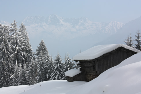 Snowy hut in Innerberg near Schruns, Austria