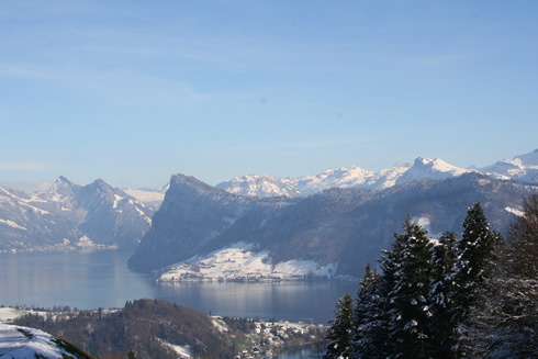 Snowy winter landscape of the Lucerne lake