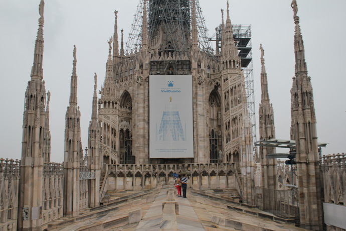 Walking on Milan cathedral's roof on a rainy morning