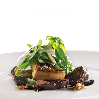 Edgar Bovier recipe – Roasted porcini mushrooms with figs and duck foie gras, baby spinach and parmesan shavings